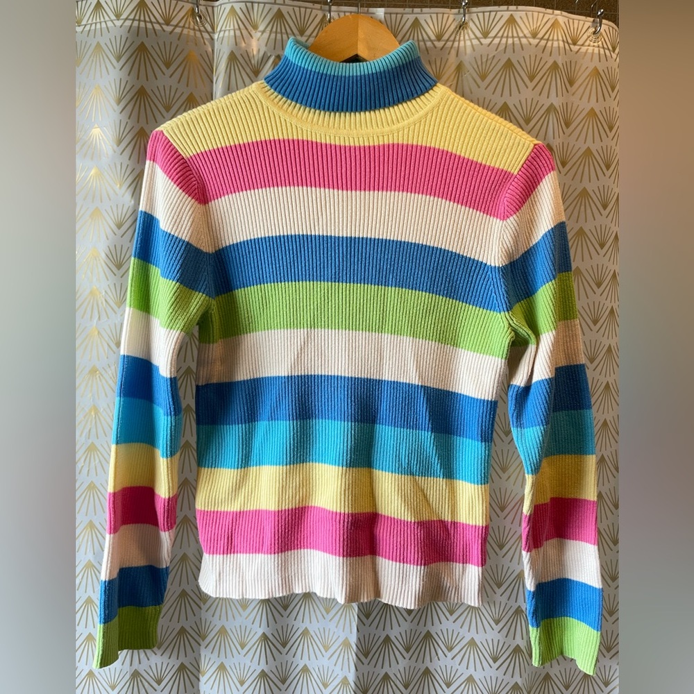 Vintage 90s/Y2K Colorful Striped Ribbed Turtleneck Women’s Medium Cotton Blend